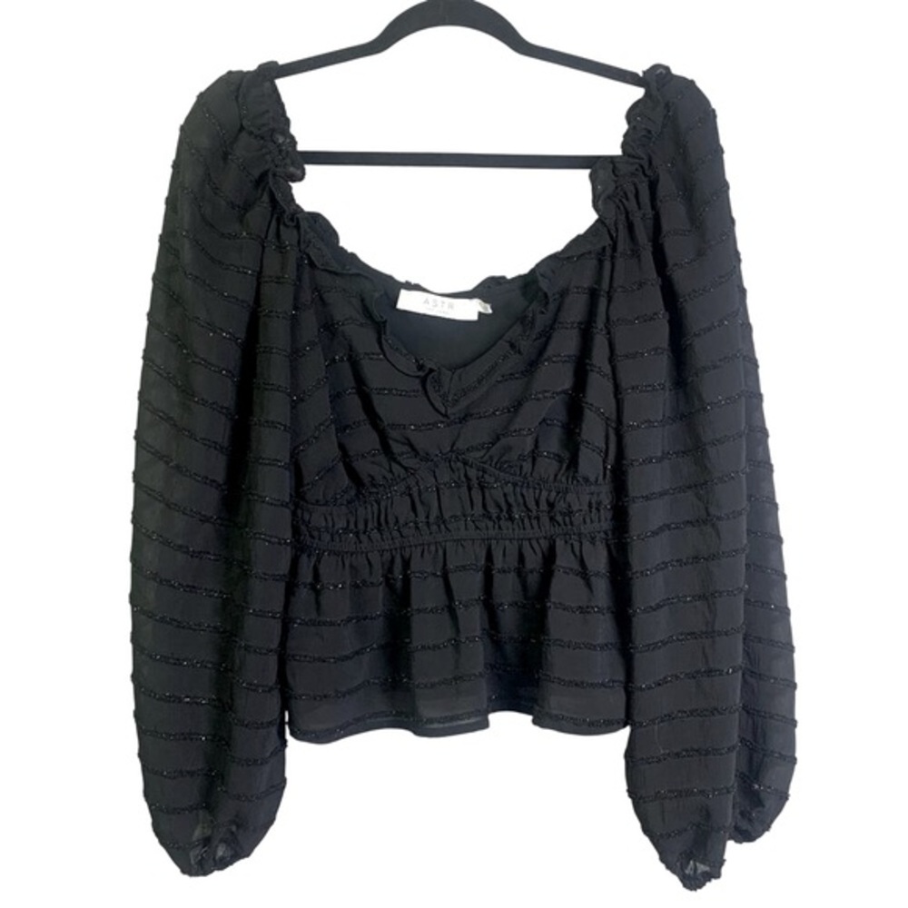 ASTR The Label Blouse L Peasant Style Elastic Waist Peplum Black Shimmer Thread
